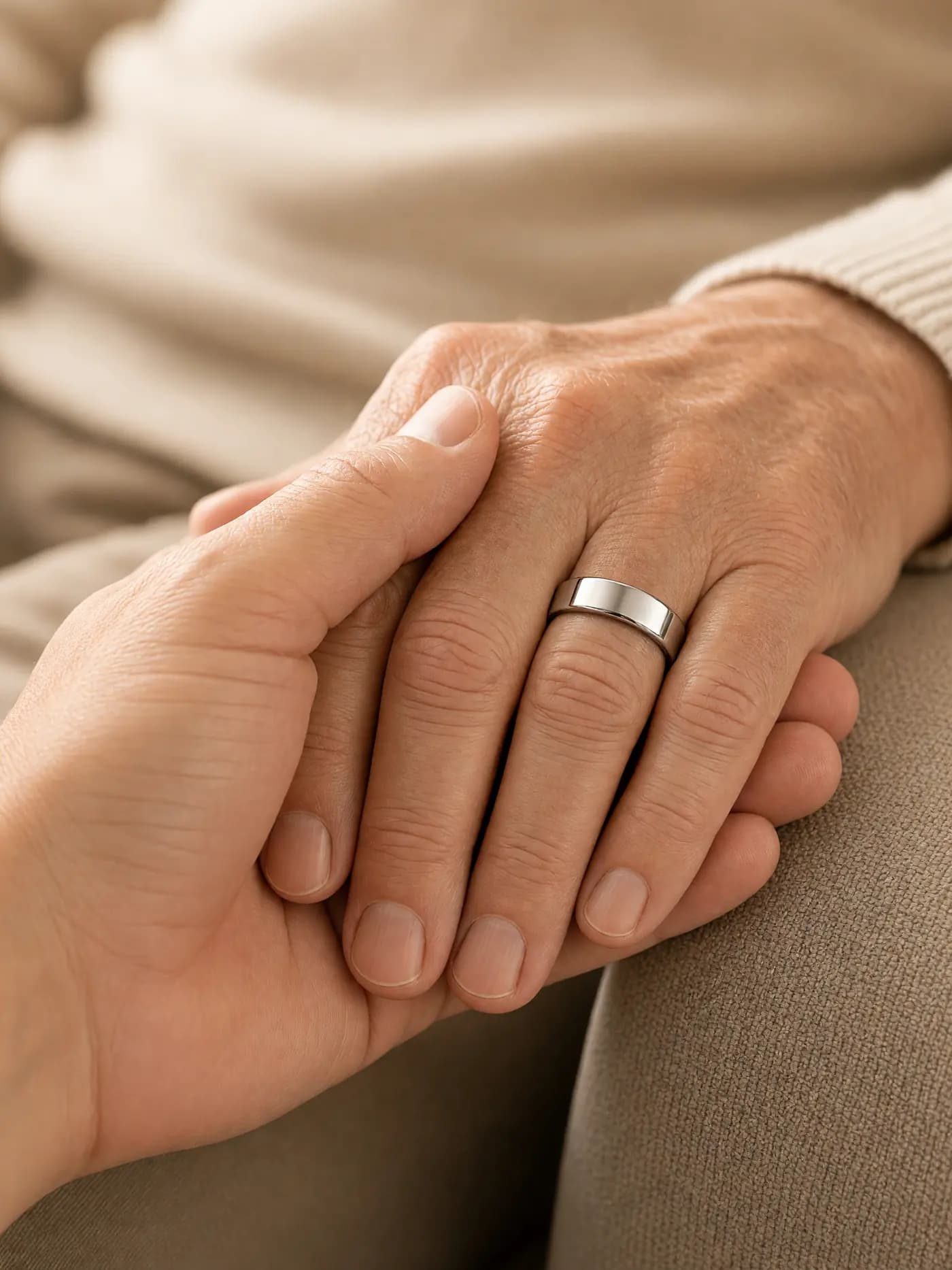 A younger hand holding an older hand that wears a plain silver ring, faces out of frame