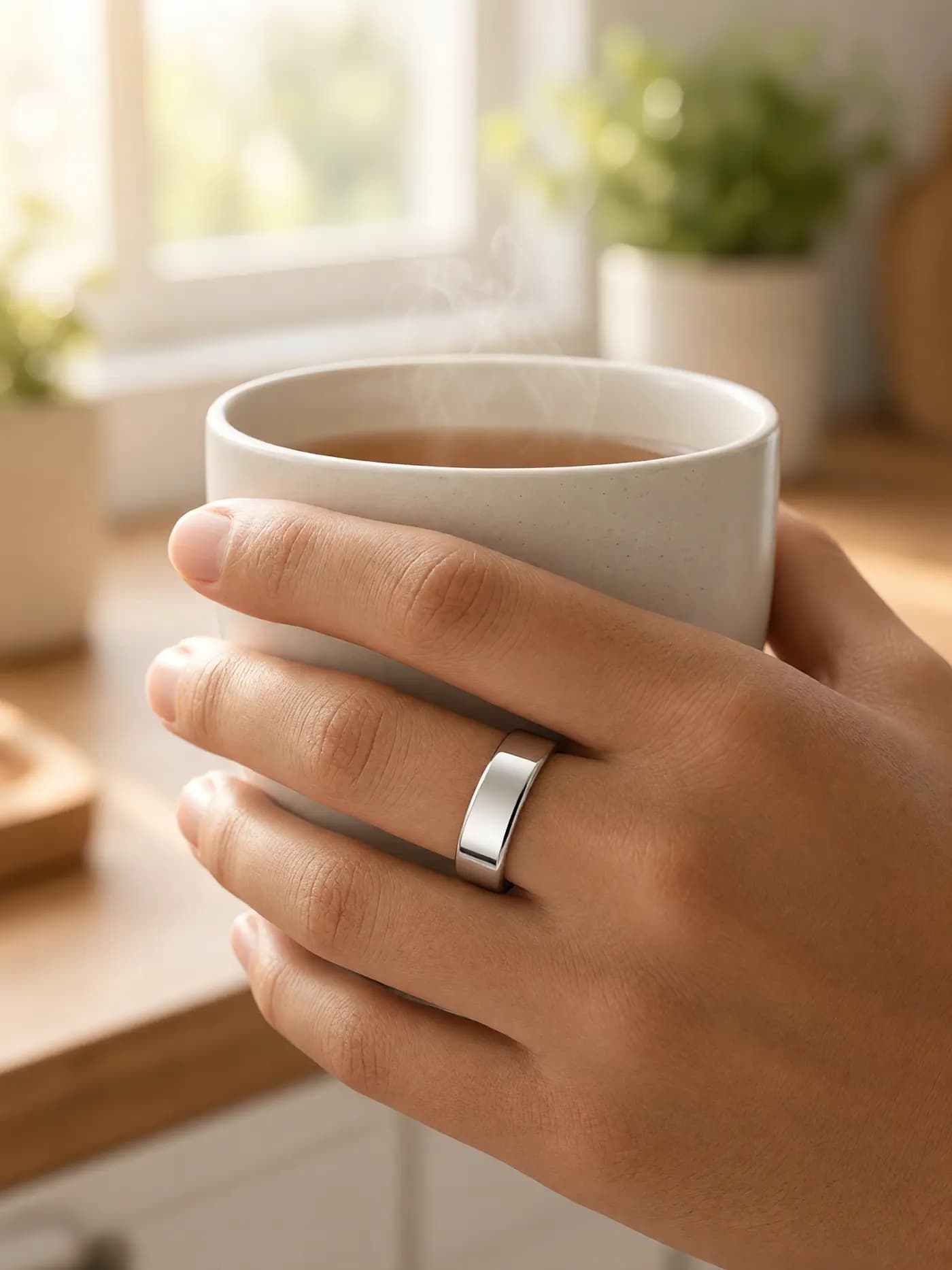 Hands holding a cup of tea by a bright window, a plain silver ring on one finger