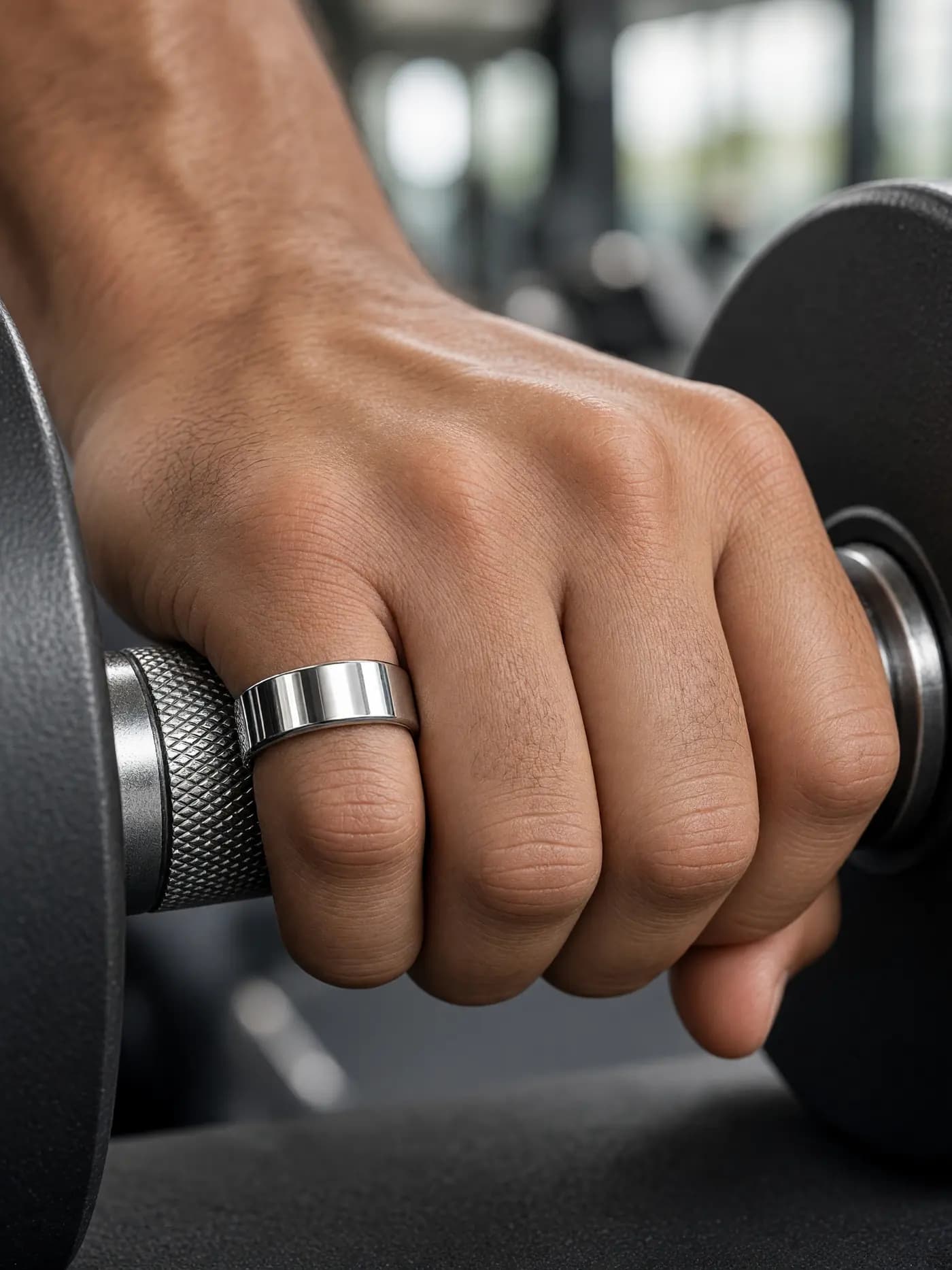 A hand gripping a gym dumbbell, wearing a plain silver ring
