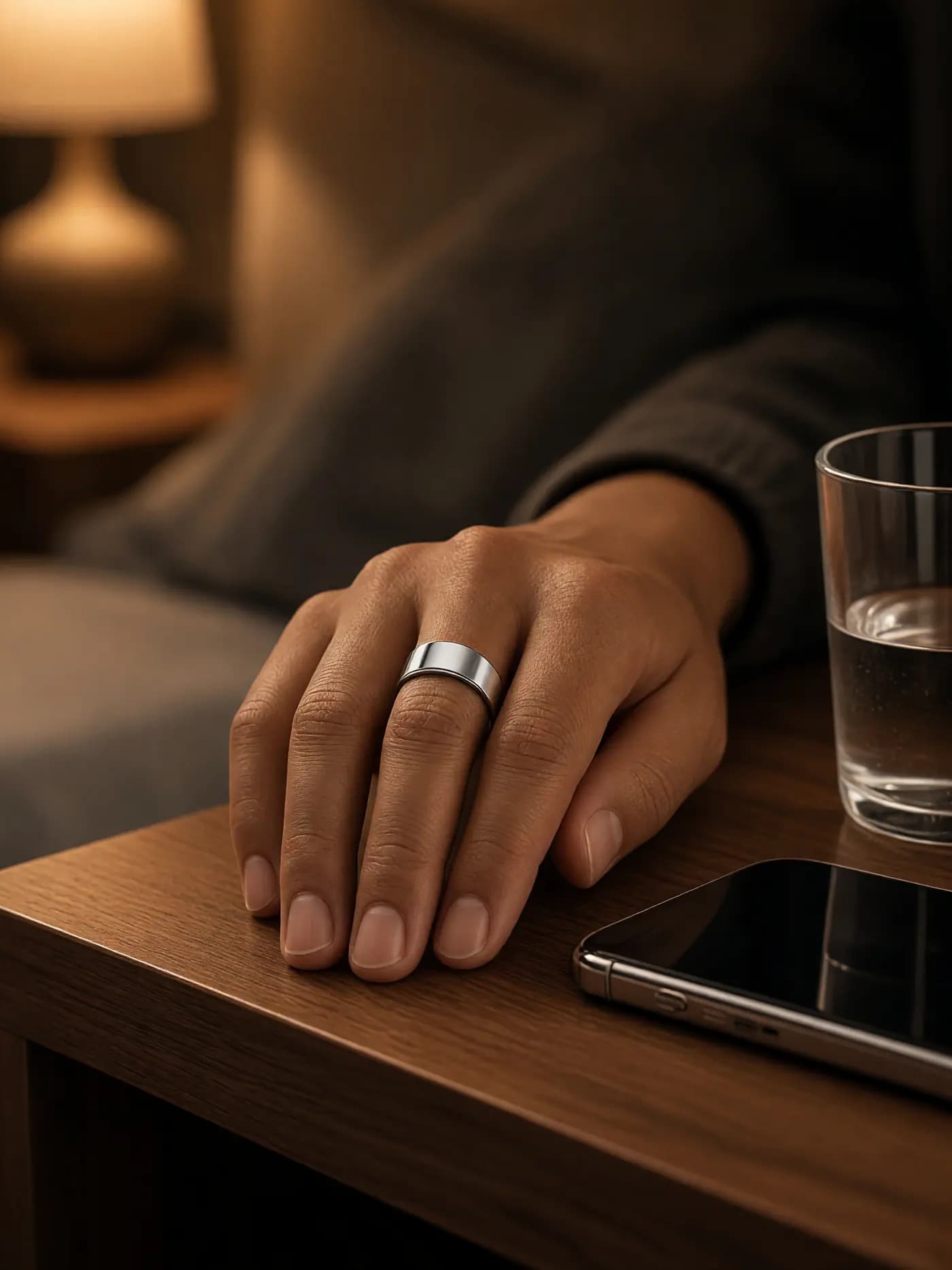 A hand on a bedside table beside a glass of water and a phone, wearing a plain silver ring