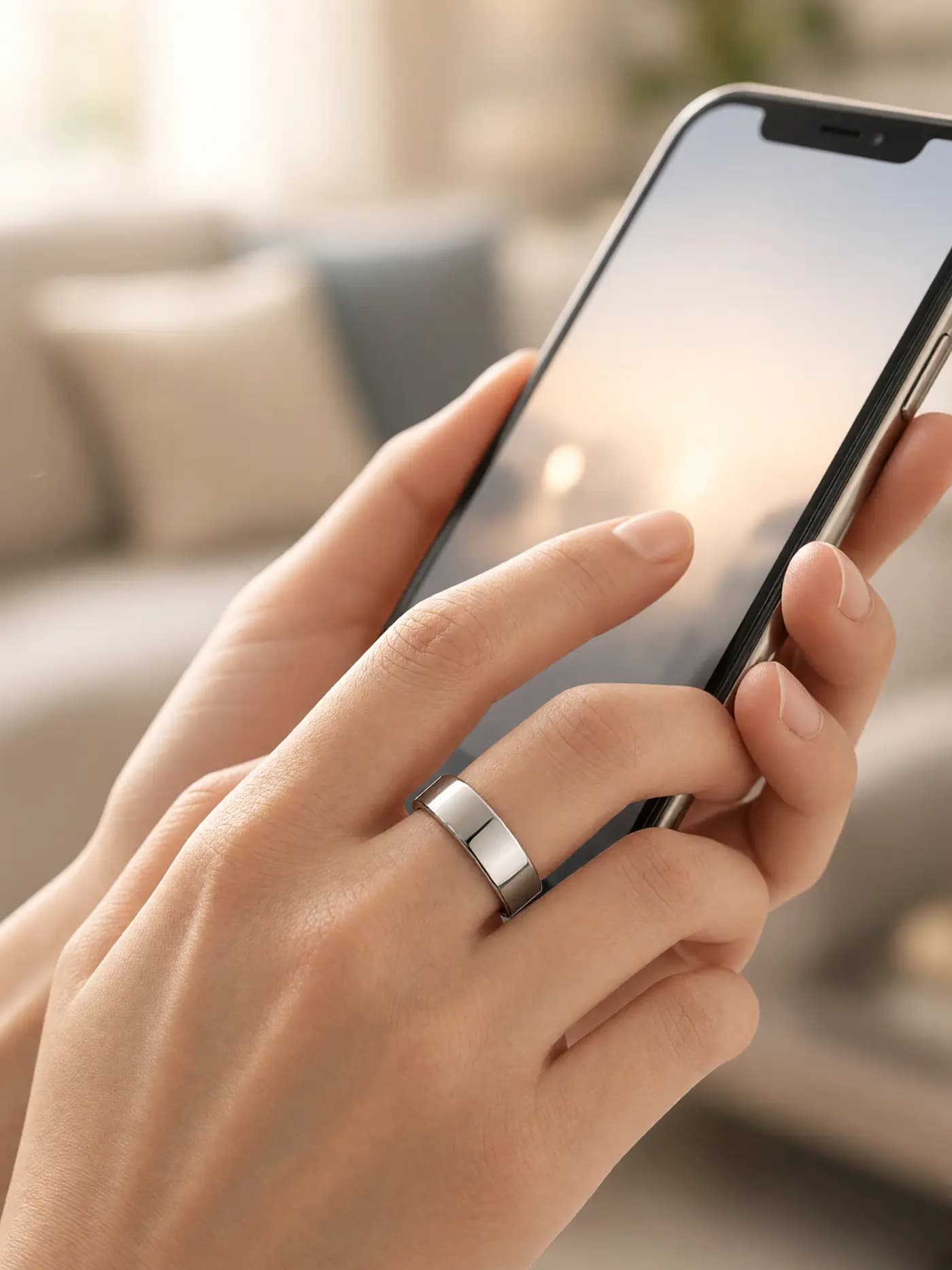 Two hands holding a phone, a plain silver ring on one finger